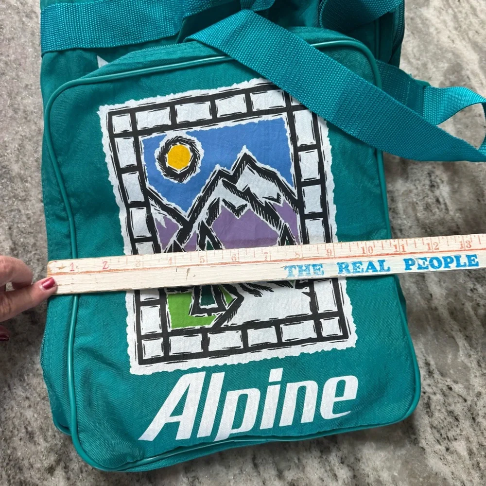 Vintage Alpine Duffel Bag–Teal Canvas Gym/Travel Bag with Retro Mountain Graphic
